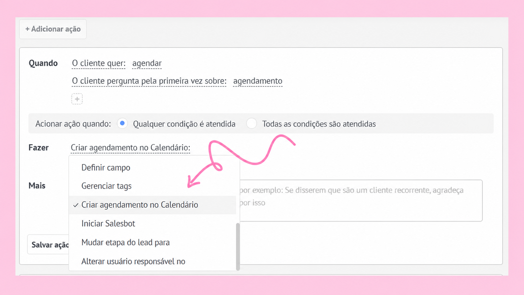 Instructions for scheduling actions and managing tags in a calendar interface.